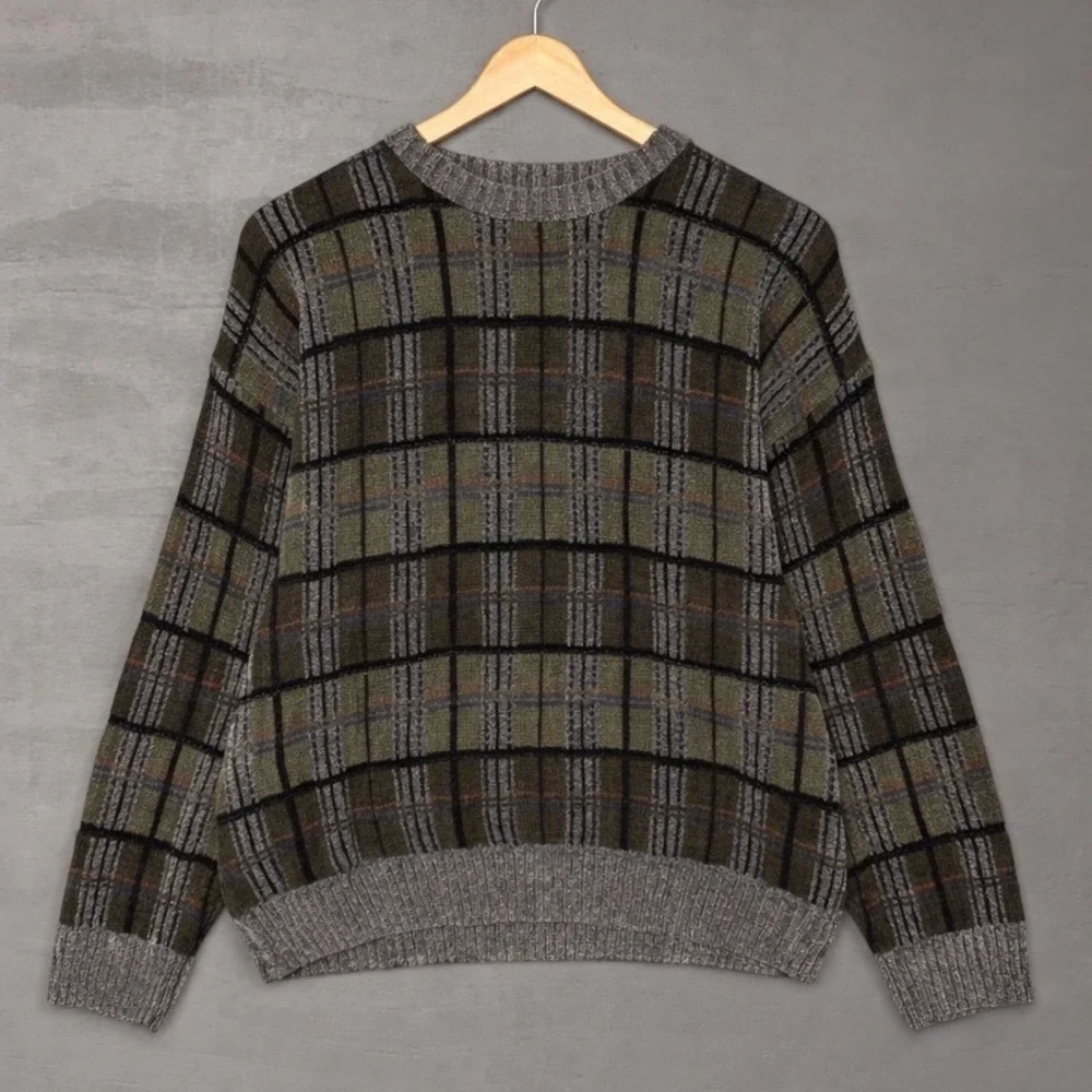 Vintage Dockers Plaid Crewneck Sweater Large Green Brown Gray Retro Pullover